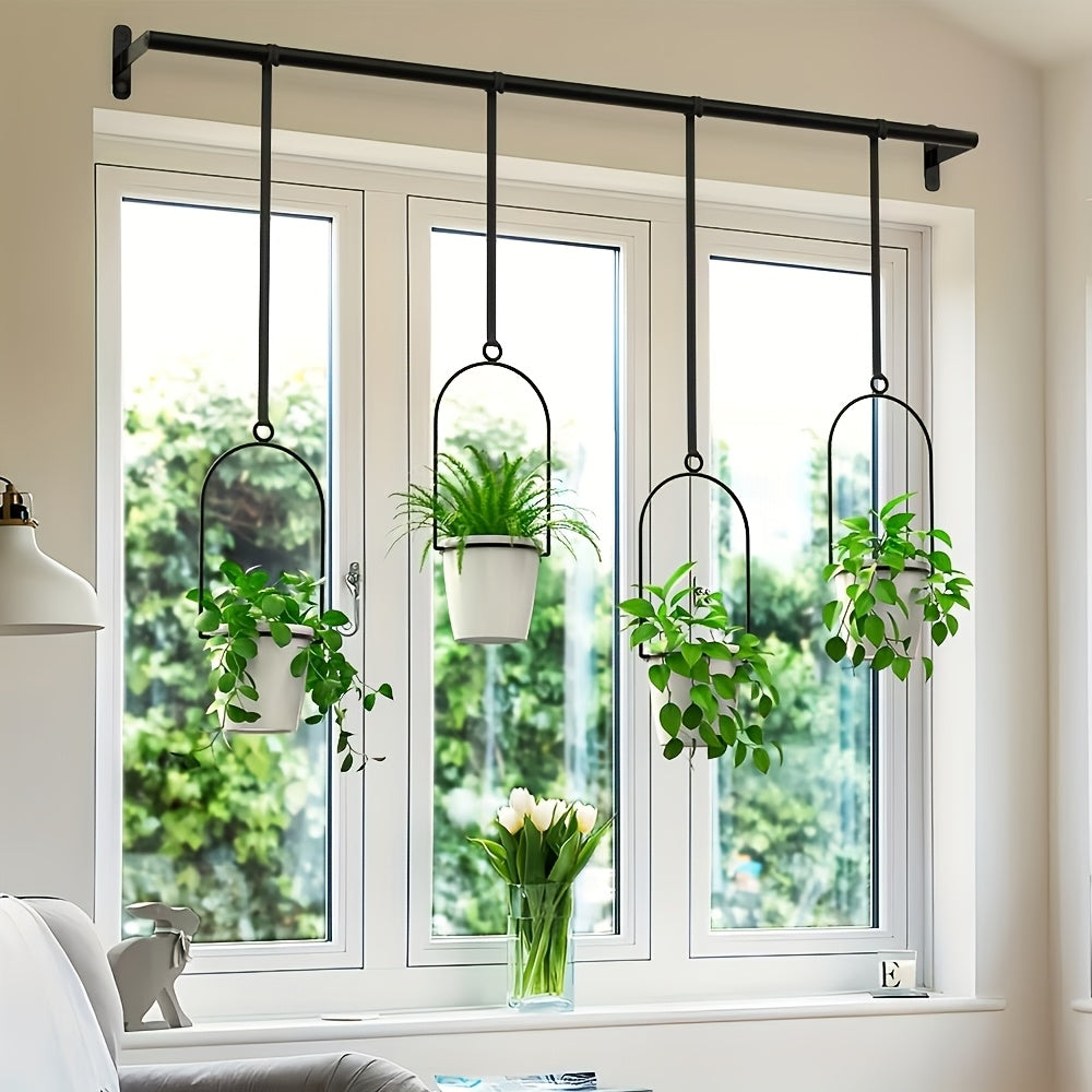 Metal Adjustable Hanging Flower Pot Set - 4 Plastic Pots & Nylon Rope Wall Plant Hanger for Indoor Window, Ceiling & Kitchen Herb Garden, Expandable 11.8"-18.1", 1 Set or 5 Pots