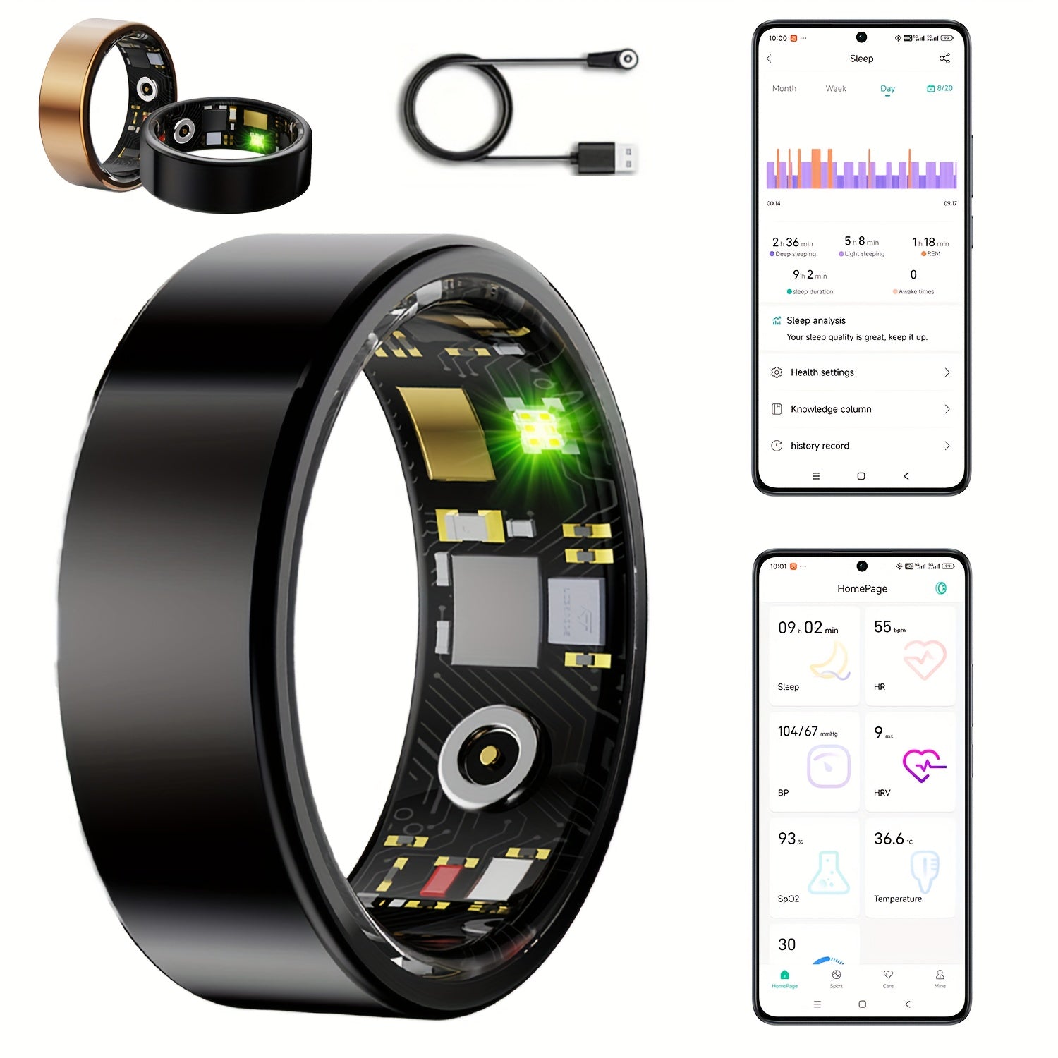 Smart Health Ring with Sleep Tracking – Wearable Fitness Ring with Pedometer, Calories, Distance & HRV Monitoring, Bluetooth 5.3, Waterproof, Compatible with iPhone & Android, Sizes #7-#13