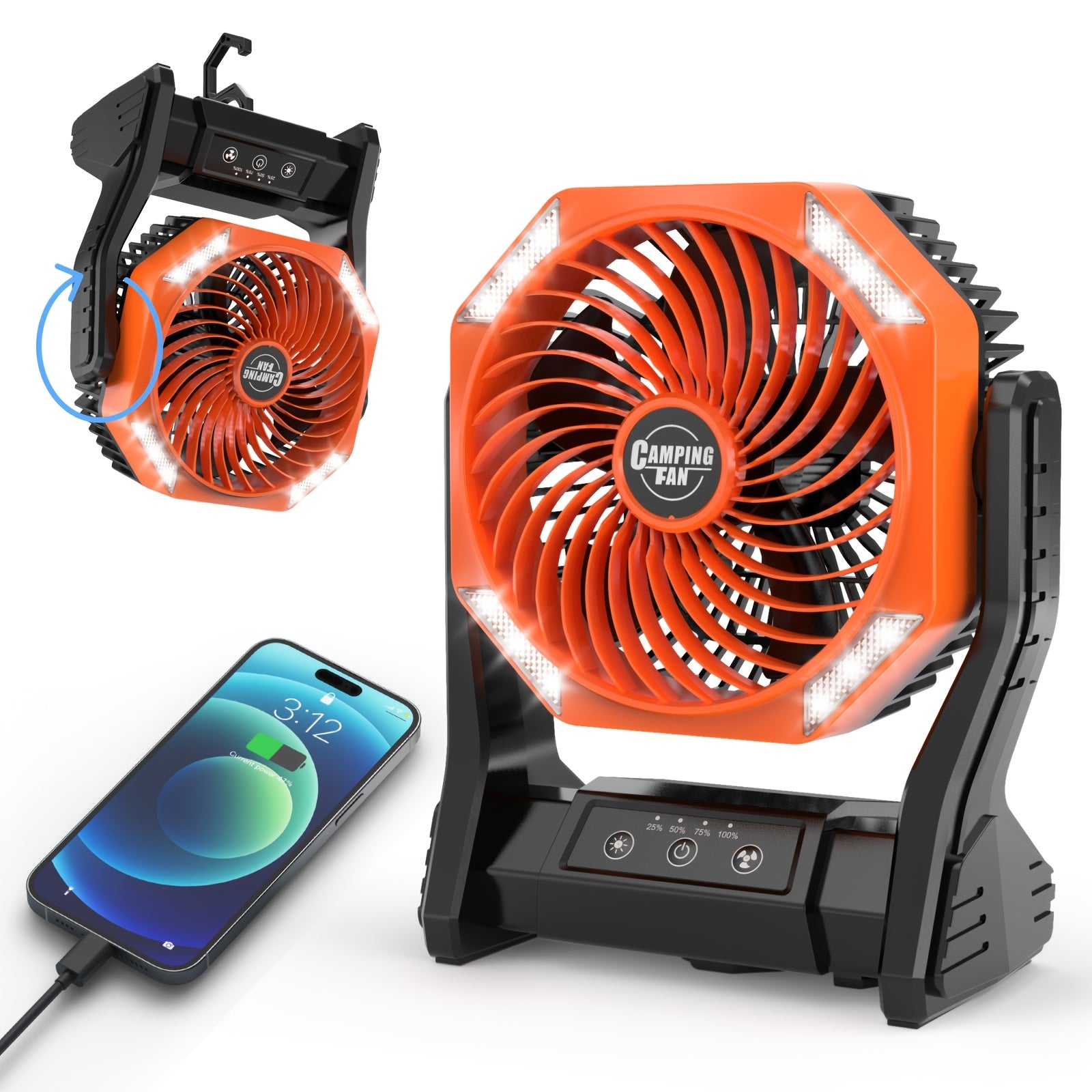 20000mAh Camping Fan with LED Light & Brushless Motor – Portable Outdoor Fan for Camping Hiking Picnic Emergency Use, 4 Speeds, 180° Oscillation, 22-26H Battery Life