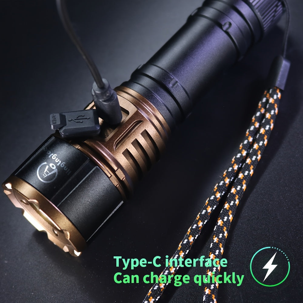 4500 Lumen Aluminum Flashlight with Fire Starter & Fresnel Lens – 21700 Rechargeable Outdoor Survival Torch for Camping Fishing Night Riding Power Outage, Adjustable Beam