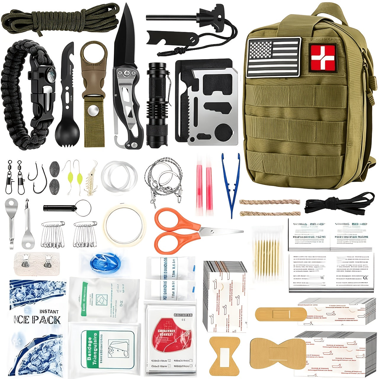 217-Piece Survival Kit with First Aid Kit & Survival Tools MOLLE Storage Bag - Outdoor Camping Hiking Emergency Gear for Men - Brown Black Khaki Green Red Orange Camouflage