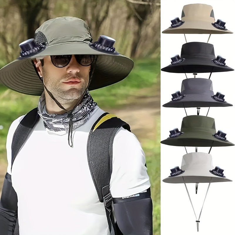 Solar USB Rechargeable Cooling Fan Hat Wide Brim 3-Speed Adjustable Fan Sun Protection for Men Women Beach Fishing Hiking Outdoor Activities Black Olive Green