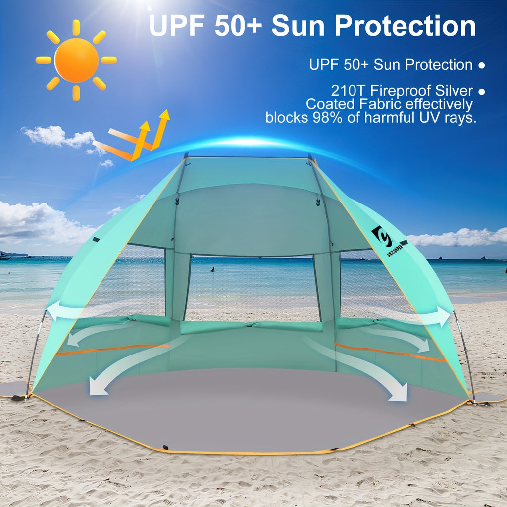 Beach Tent 3 Person UPF 50+ Sun Shelter with Waterproof PE Floor & Mesh Windows – Portable Pop Up Shade Canopy for Camping Fishing Yard