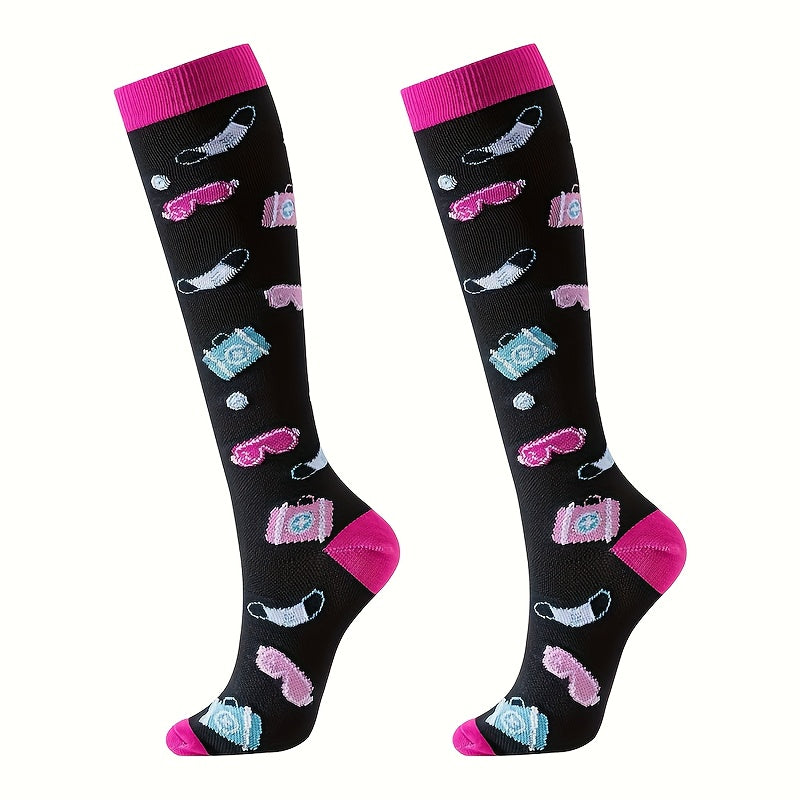 6 Pairs Knee High Socks for Women - Korean Style Compression Long Socks - Cute Aesthetic Sports Socks for School Gym Outdoor - 95% Polyester Stretch Knit Solid Color Socks Set