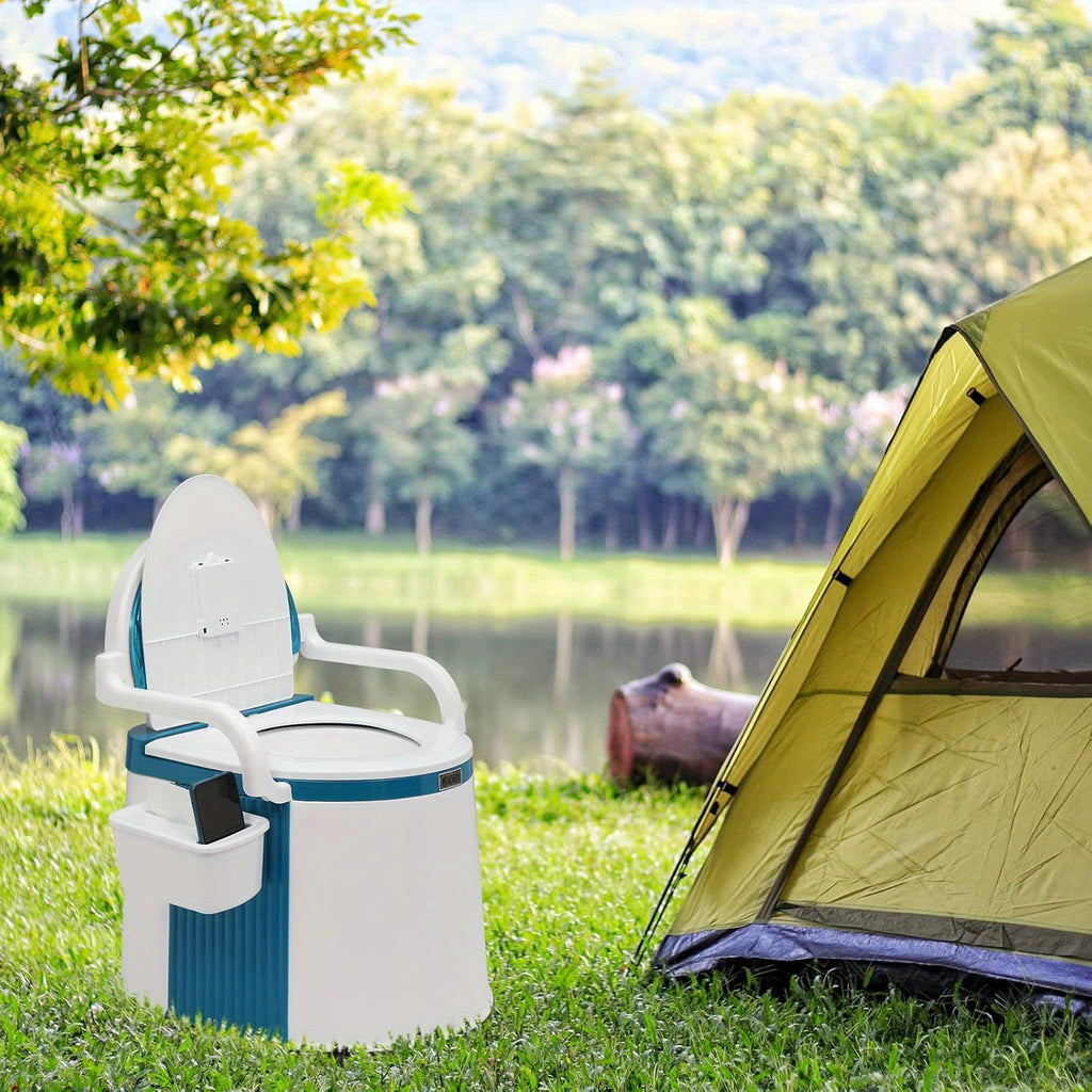 Portable Camping Toilet with Backrest & Handrails – 350LB Capacity, Detachable 6-8 Gallon Bucket, Odor-Control Lid, Lightweight Commode for Camping, RV, Boat & Medical Use
