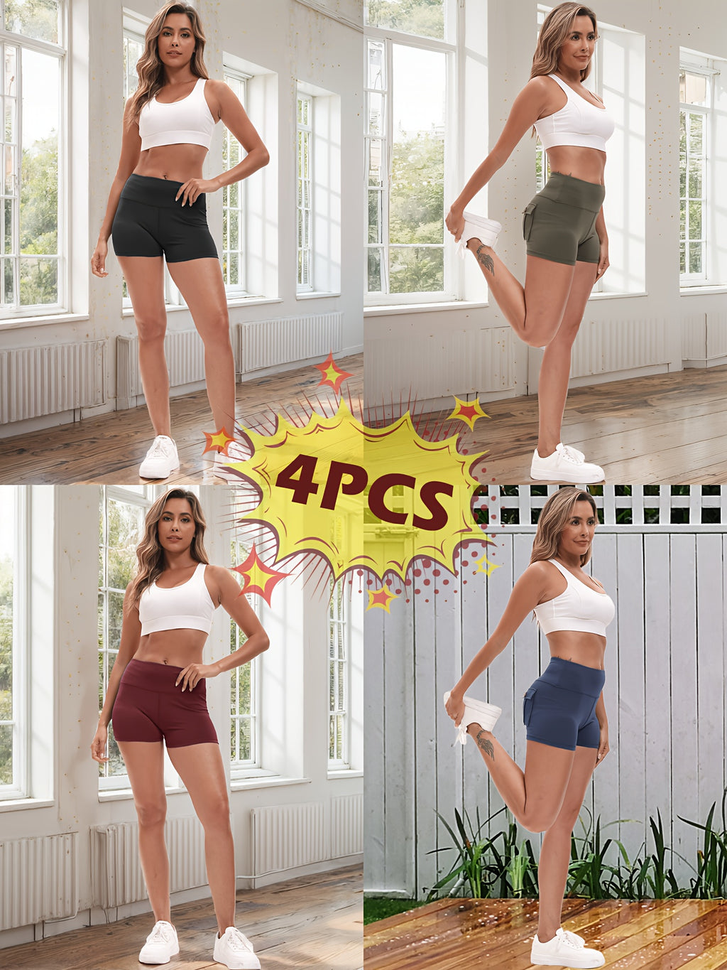 Women's 4-Pack Workout Shorts Set - Cargo & Yoga Shorts with Hip Lifting Shaping, High-Stretch Elastic Waist, Quick-Dry Fabric, Pockets, S-XXL Activewear Bundle