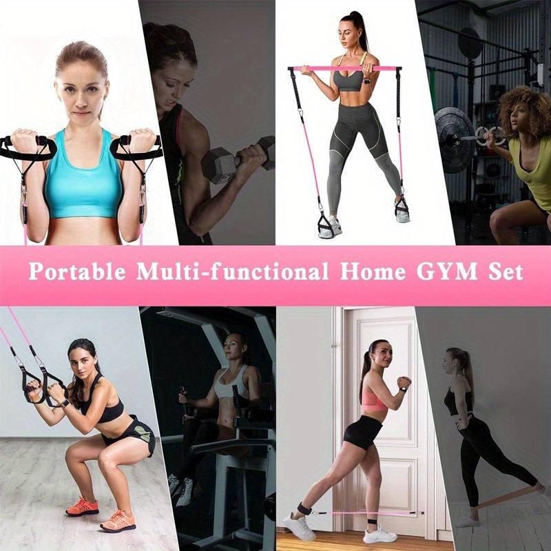 Pilates Stick with Resistance Bands 14pcs Set – Multifunctional Fitness Pedal Puller for Home Yoga, Stretch & Full Body Training, Pink, Black & Purple