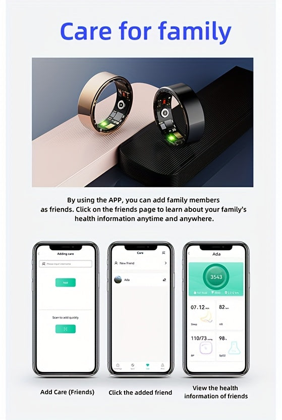 Smart Fitness Ring Bluetooth 5.3 Heart Rate HRV Sleep Steps Calorie Body Temp Stress Tracker No Subscription iPhone Android Compatible Sizes 7-13 Black Silver Gold