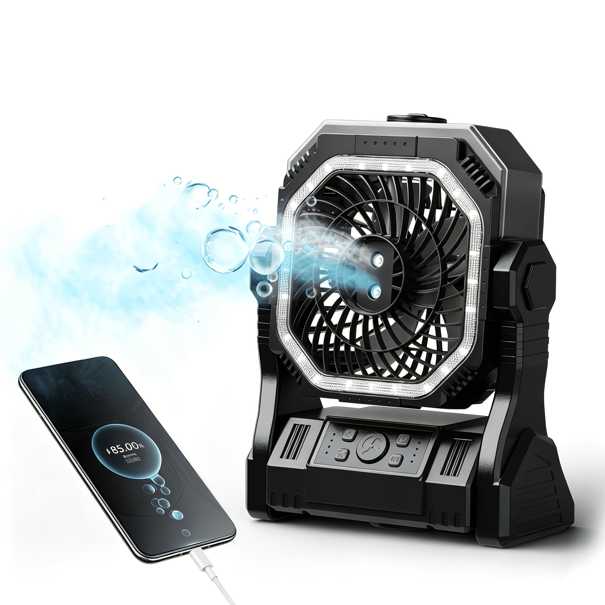 3-in-1 Portable Camping Fan with LED Light & Phone Charger - Rechargeable Battery Tent Fan with Hooks - Desktop Cooling Fan for Camping Patio Travel Sports Events Power Outages