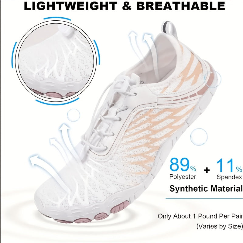 Women's Water Shoes Quick-Dry Aqua Sneakers – Lightweight Breathable Mesh Lace-Up Beach Wading Shoes, Rubber Sole, Striped, Black White Pink, US 6-11
