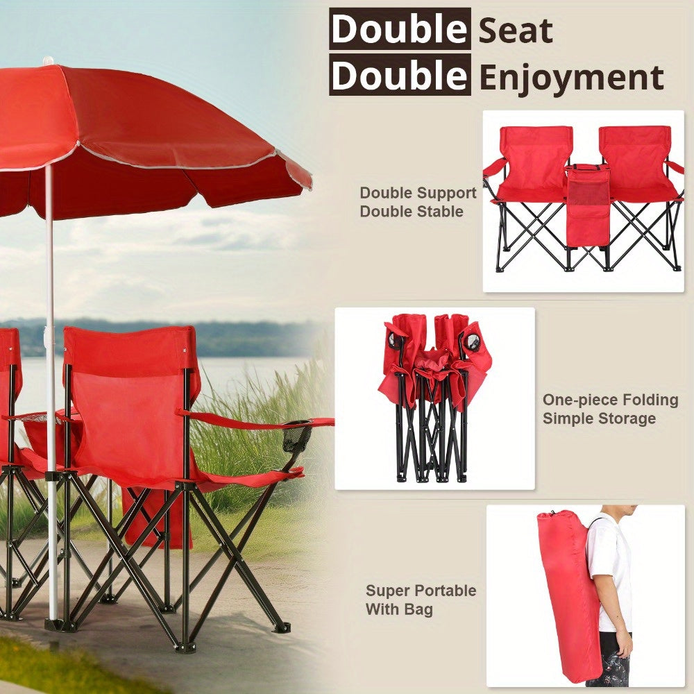Folding Fishing Chair with Sun Umbrella 2-Seat Portable Outdoor Chair - Iron Alloy Frame Oxford Fabric Beach Patio Camping Chair with Storage Bag - Red Black Grey Blue Coconut Pineapple Pattern