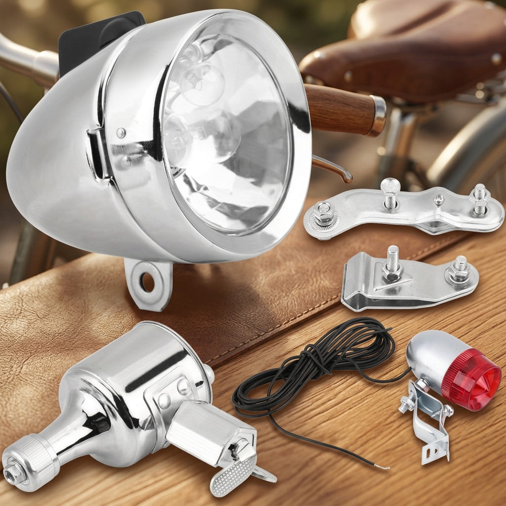 Bicycle Dynamo Headlight Tail Light Kit 12V 6W Friction Generator No Battery Bike Light Set for Mountain Road BMX Folding Electric Kids Cruiser Bikes – Silver