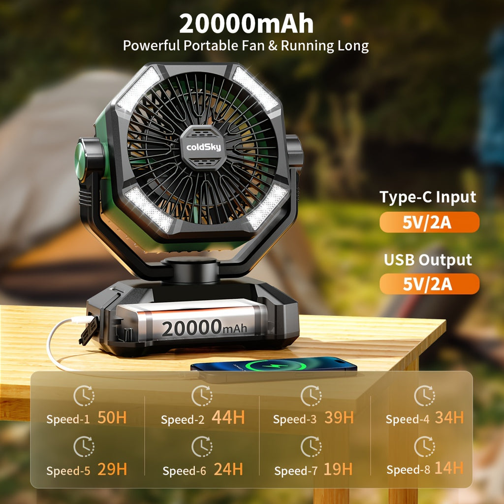 Battery Powered Camping Fan 20000mAh Dual Motor with LED Lantern, 8 Speeds, Remote & Hanging Hook – Tent Fan for Outdoor, RV, Power Outage