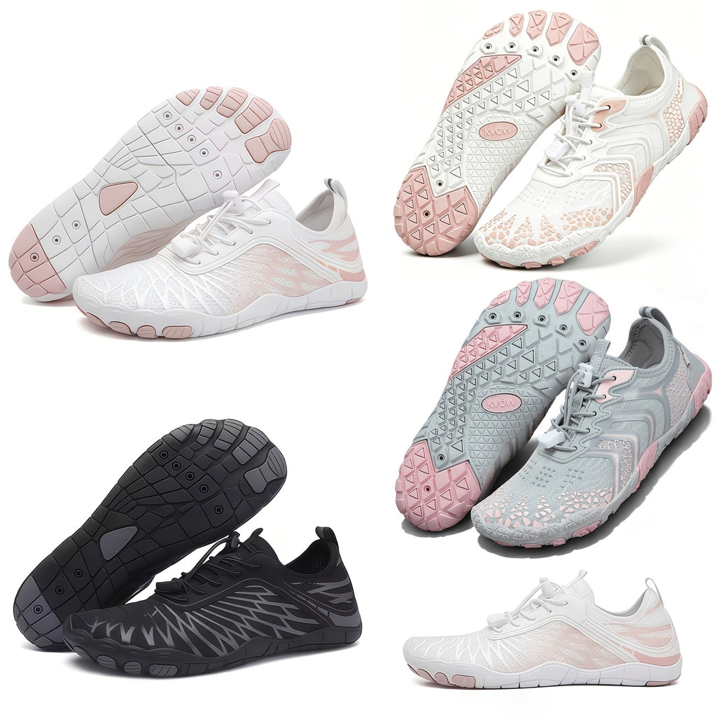 Women's Water Shoes Quick-Dry Aqua Sneakers – Lightweight Breathable Mesh Lace-Up Beach Wading Shoes, Rubber Sole, Striped, Black White Pink, US 6-11