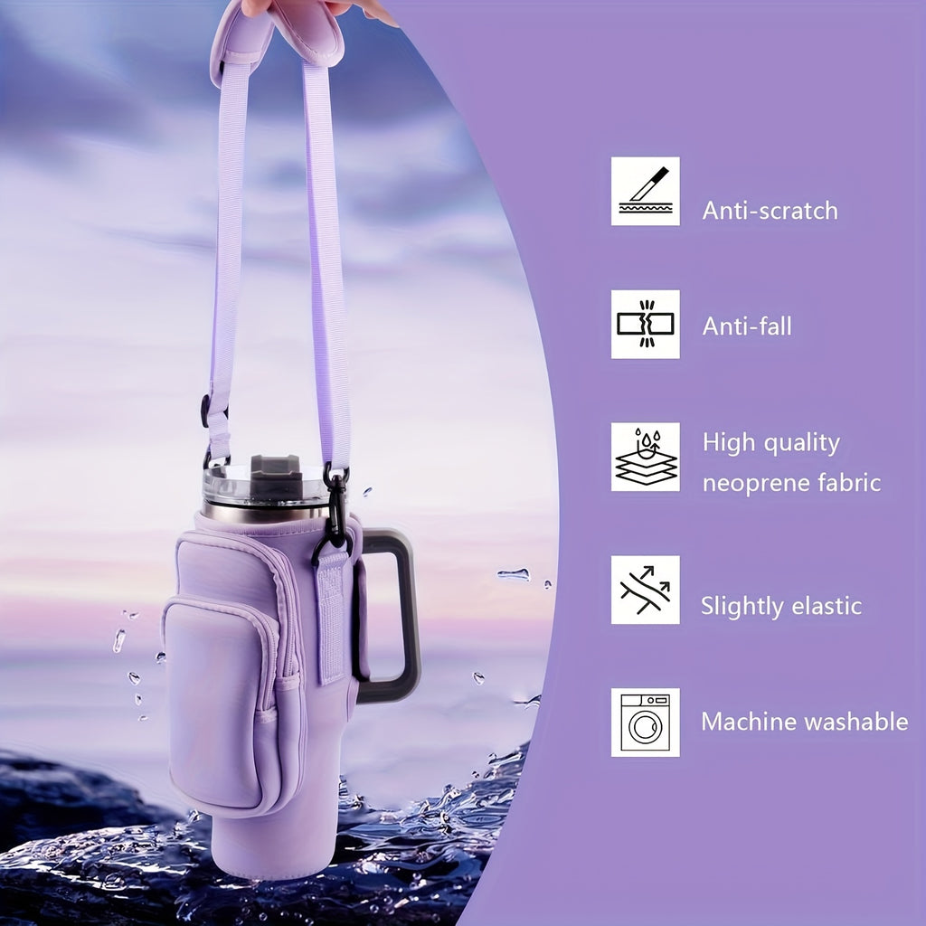 Neoprene Water Bottle Carrier Bag with Phone Pocket for 40oz 30oz Tumbler, 3-Pocket Water Bottle Holder Pouch for Hiking Gym Travel, Fits Stanley Cup Accessories, Father's Day Gift