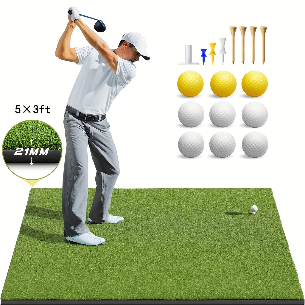 Golf Hitting Mat 5x3ft 21mm & 5x4ft Dual-Turf 31mm – Indoor Outdoor Practice Mat with Balls Tees Gift for Golfers
