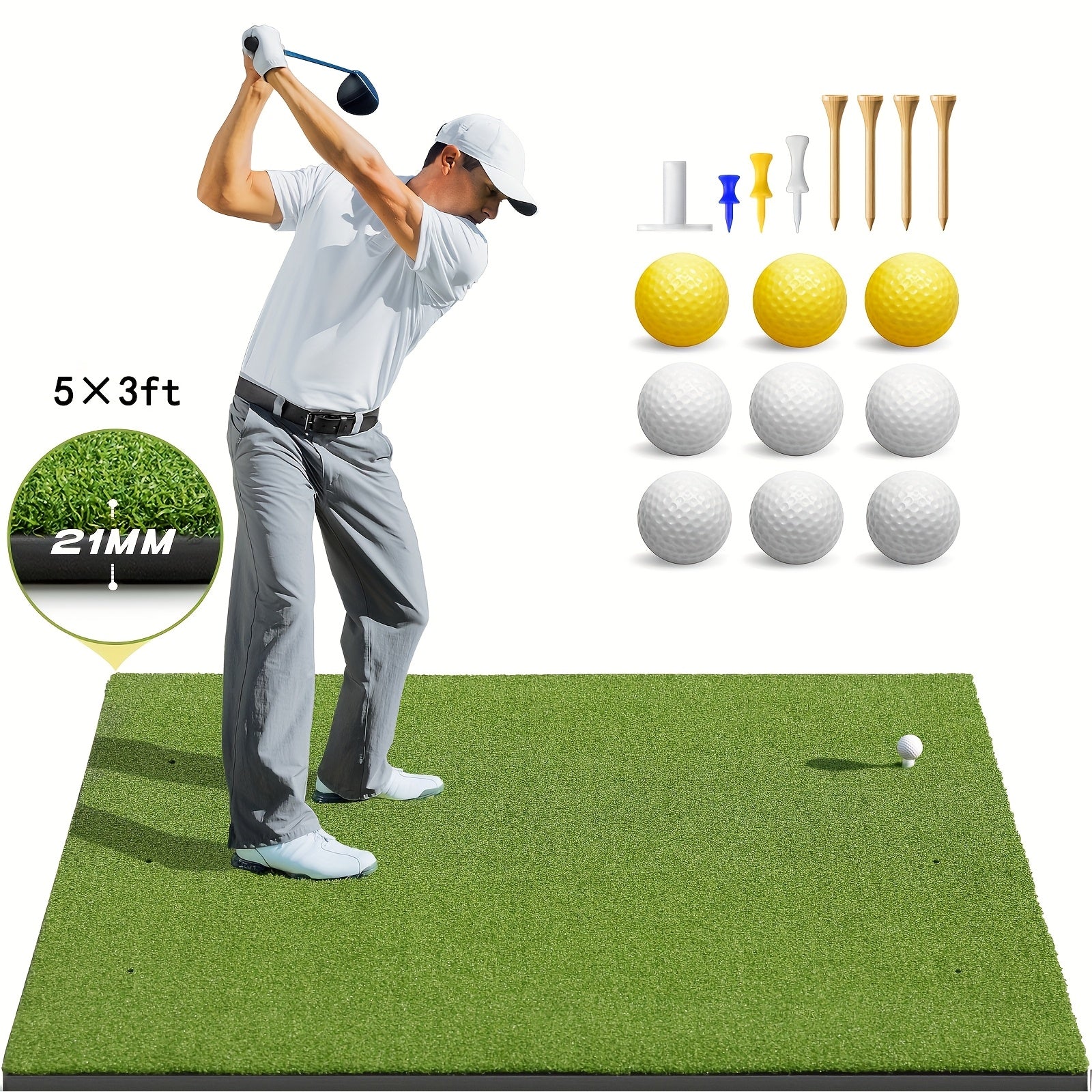 Golf Hitting Mat 5x3ft 21mm & 5x4ft Dual-Turf 31mm – Indoor Outdoor Practice Mat with Balls Tees Gift for Golfers