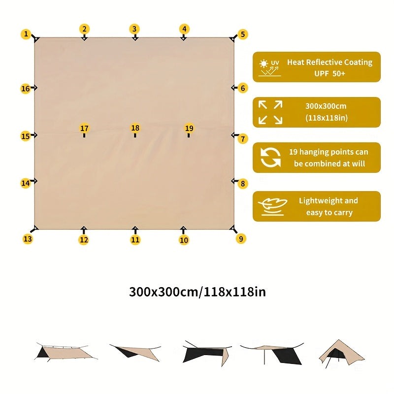Camping Sunshade Tarp 6-Person Multi-Function Sun Shelter with 19 Hanging Points – Lightweight Canopy for Hiking Mountaineering Travel Parties & All-Season Tent Shade