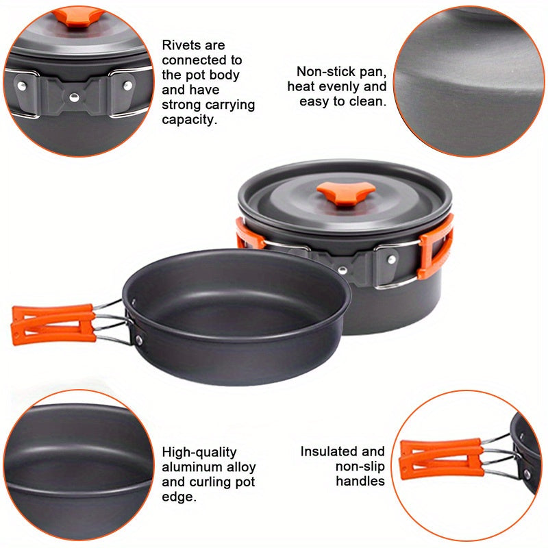 Portable Camping Cookware Set for 2-3 People - Pot Frying Pan Kettle with Cutlery - Foldable Space-Saving Outdoor Cooking Kit for Camping Hiking Backpacking - Lightweight Camp Kitchen Set
