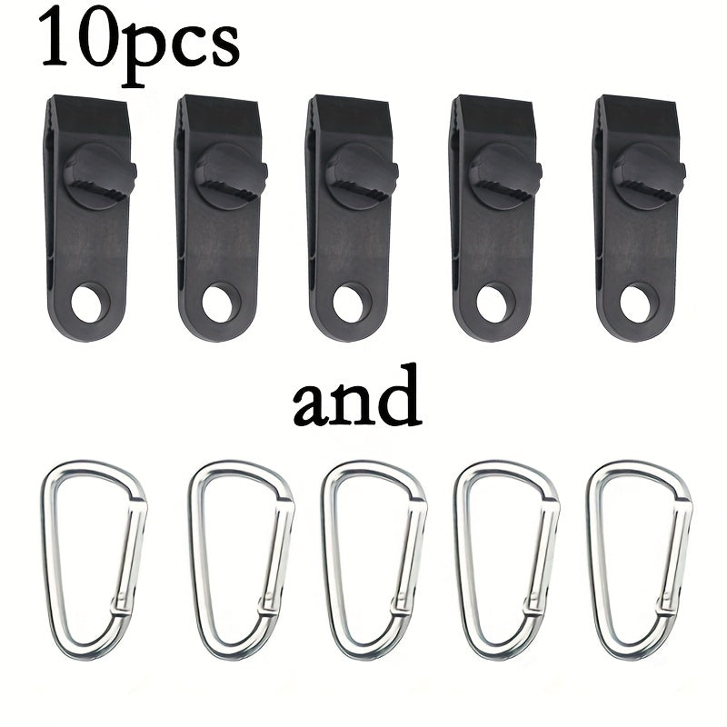 Tent Clamps 10 Pack ABS Windproof Camping Clips with 5 Carabiners – Heavy Duty Secure Grip for Tents, Tarps & Outdoor Shelters | Black