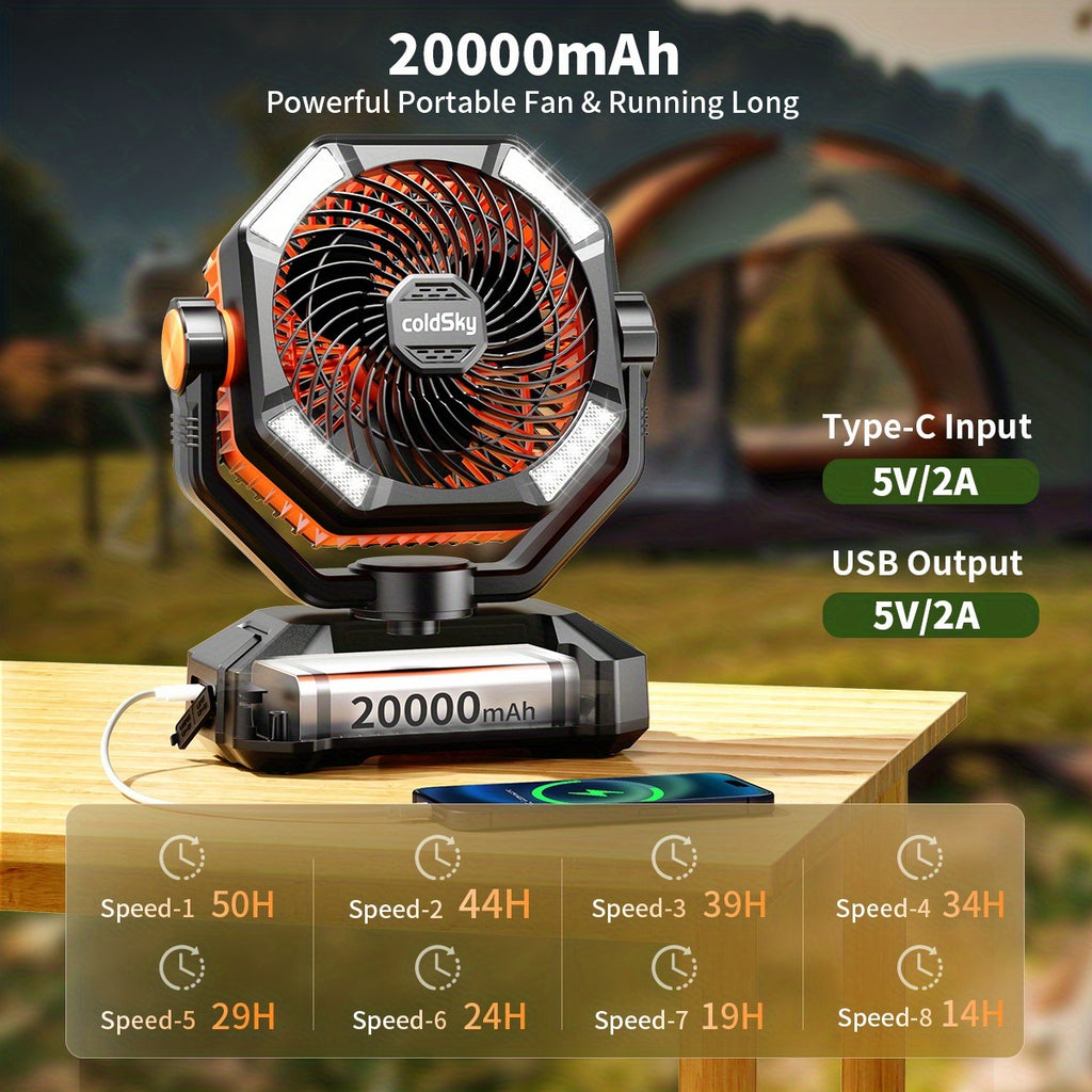 Camping Fan with 20000mAh Battery – 8-Speed Portable Tent Fan, USB Rechargeable, Enhanced Motor, Outdoor Travel Hiking