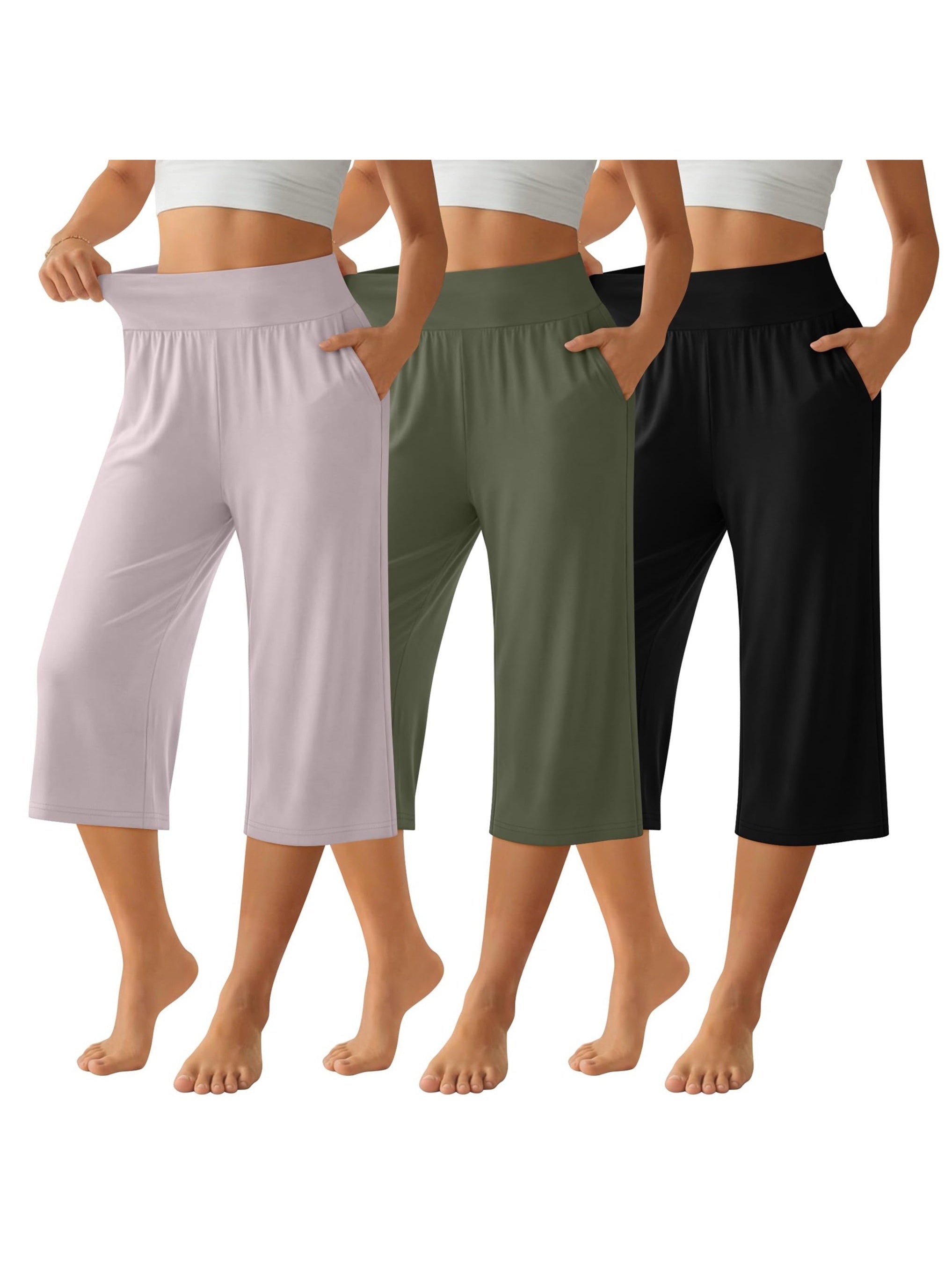 Women's Capri Pants 3 Pack Loose Lounge Joggers Yoga Cropped Sweatpants with Pockets – Elastic Waist Casual Spring Summer Fall