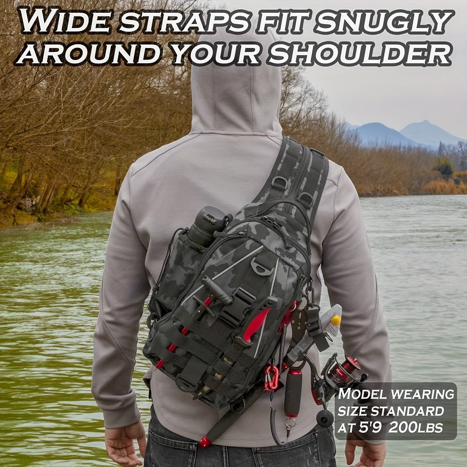 Tackle Sling Bag with Rod Holder for Men & Women – Fishing Backpack Daypack, Multi-Pocket Fly Fishing Bag, Camouflage Khaki Black, Standard & Large, Best Fishing Gift for Dad