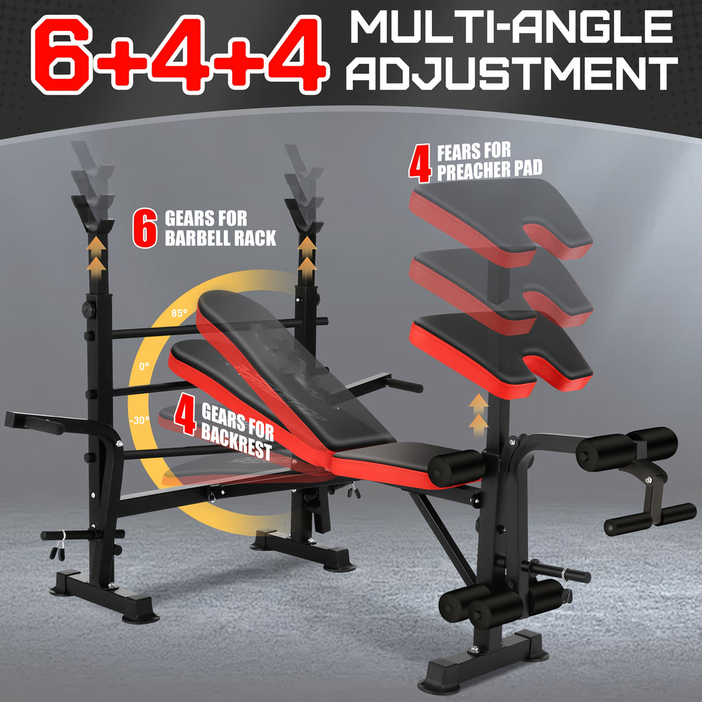 Weight Bench Set with Squat Rack – Adjustable Foldable Workout Bench Press, Leg Developer & Preacher Curl Pad for Home Gym Full Body Training | 800–1200 LBS Capacity | Black, Red, Pink