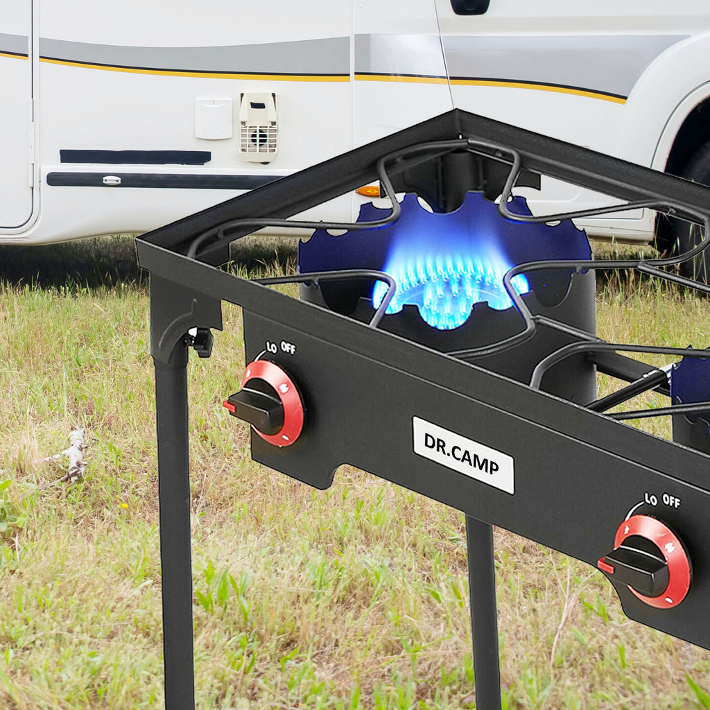 Heavy Duty Propane Camping Stove Cast Iron Burner with Detachable Legs – Single & Double Burner Outdoor Gas Cooker for Camping BBQ Patio Survival Cooking & Tailgating