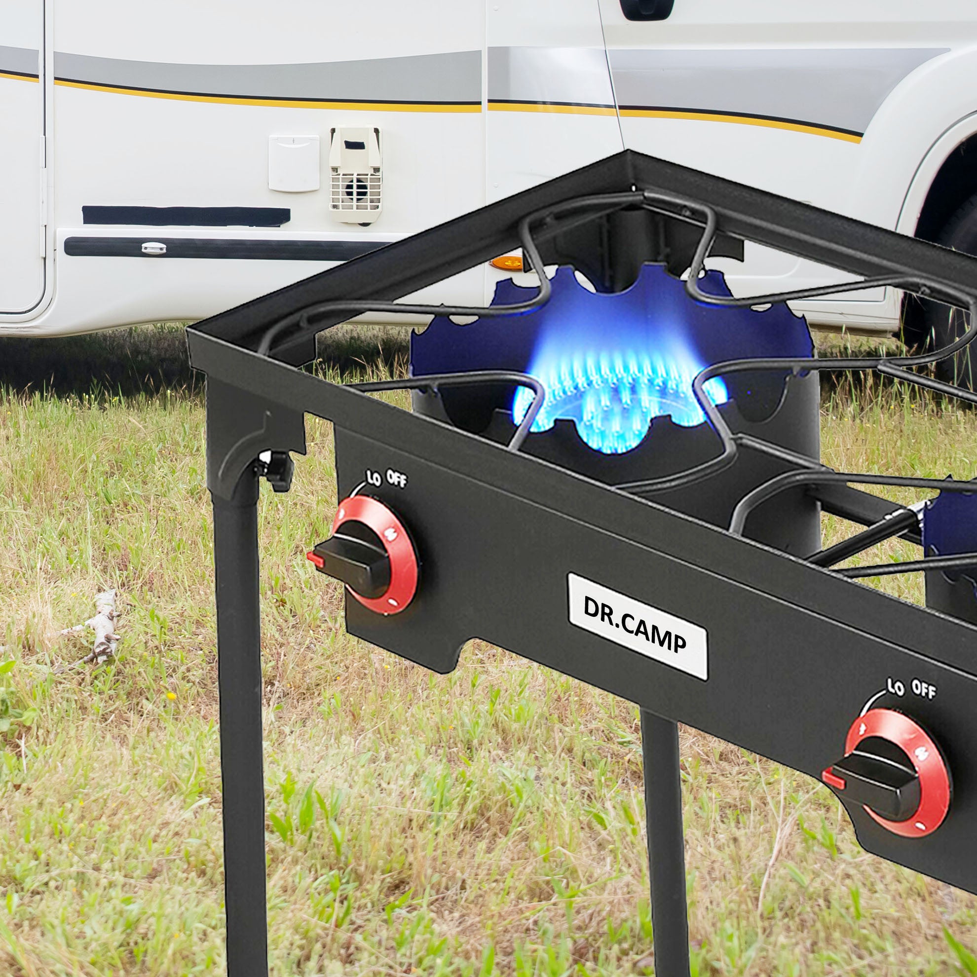 Heavy Duty Propane Camping Stove Cast Iron Burner with Detachable Legs – Single & Double Burner Outdoor Gas Cooker for Camping BBQ Patio Survival Cooking & Tailgating