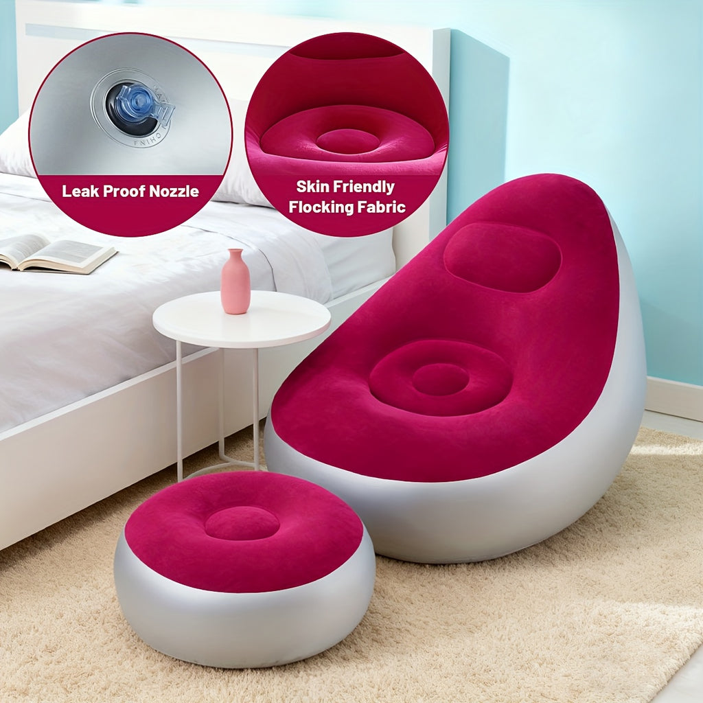 Inflatable Sofa with Footstool 2-Piece Set Heavy Duty Plush Fabric Portable Air Couch with Pump – Indoor Outdoor Camping Beach Backyard Lounge