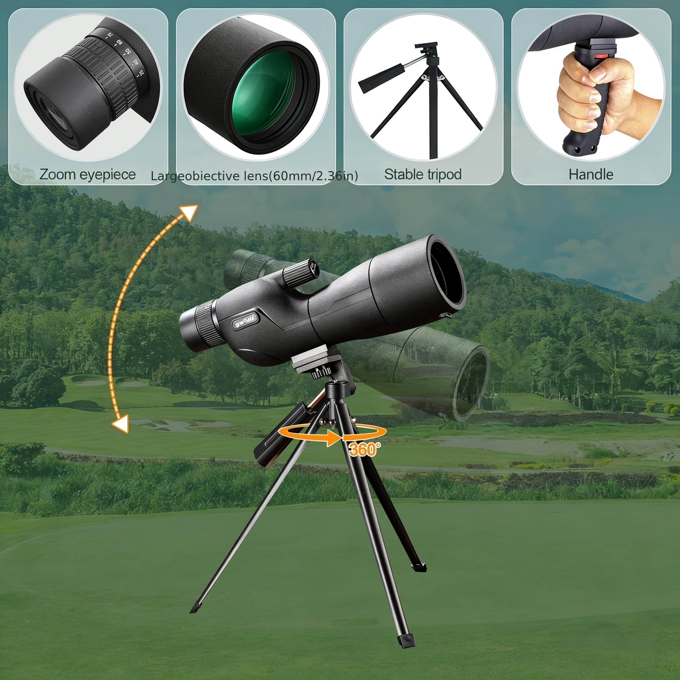 POKEPIC Hd25-75X60 1-Pack Portable Spotting Scope with Tripod And Phone Adapter, High Magnification Angled Eyepiece Monocular Telescope for Shooting, Bird Watching Wildlife Viewing, Compact Binoculars for Outdoor Travel, Camping
