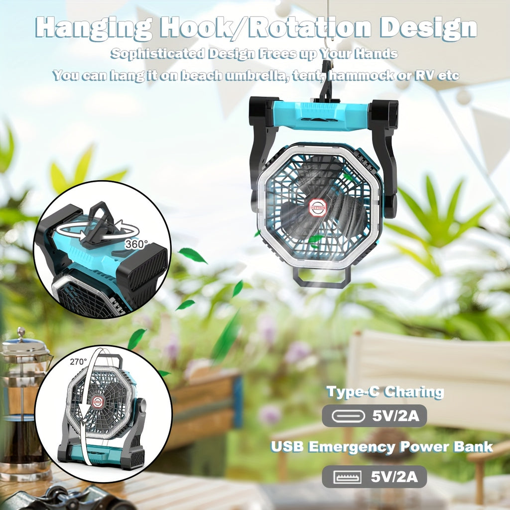 Camping Fan with LED Light Rechargeable USB Battery 4-Speed 3 Lighting Modes Hanging Rope Tent Outdoor Travel Indoor Portable