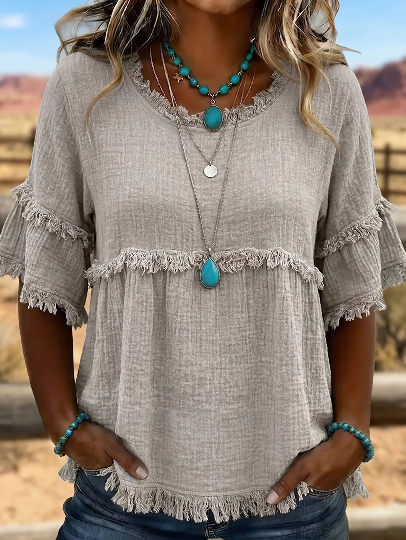 Women's Fringed Trim Short Sleeve Casual Blouse – Soft Knit Crew Neck Top for Summer, Beach & Everyday Wear | Royal Blue, Aquamarine, Sky Blue, Grey, Green (S-XXL)