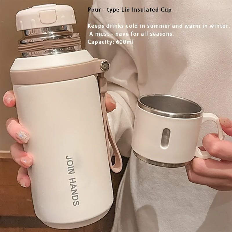 Insulated Water Bottle 600ml Stainless Steel Double Wall Leak-Proof Lid with Handle & Cleaning Brush – Vacuum Tumbler for Outdoor Hiking Camping Gym Travel