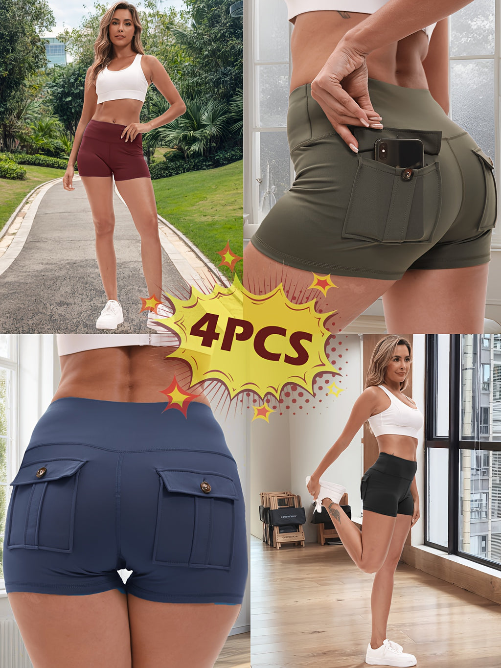 Women's 4-Pack Workout Shorts Set - Cargo & Yoga Shorts with Hip Lifting Shaping, High-Stretch Elastic Waist, Quick-Dry Fabric, Pockets, S-XXL Activewear Bundle