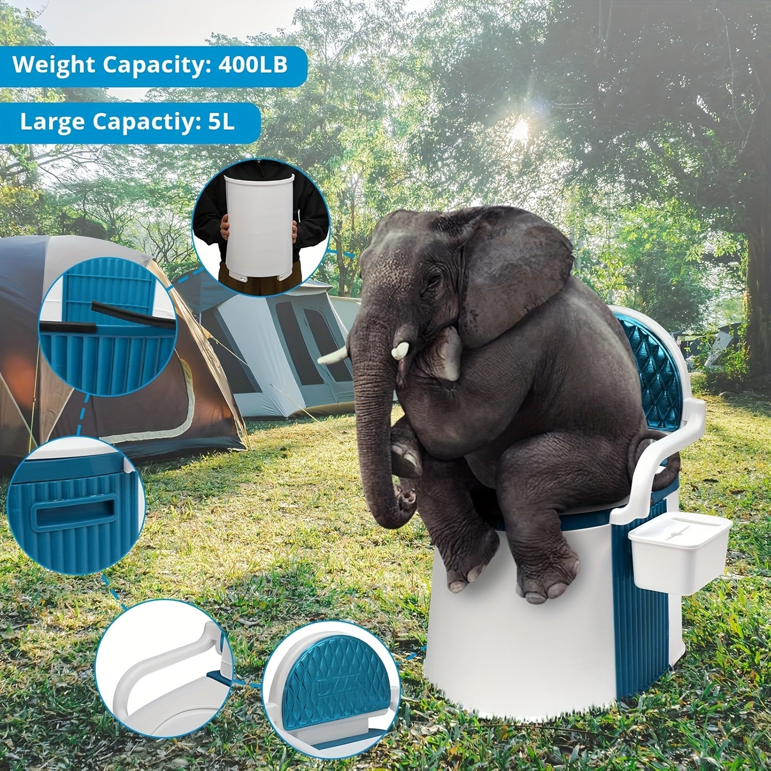 Portable Camping Toilet with Backrest & Handrails – 350LB Capacity, Detachable 6-8 Gallon Bucket, Odor-Control Lid, Lightweight Commode for Camping, RV, Boat & Medical Use