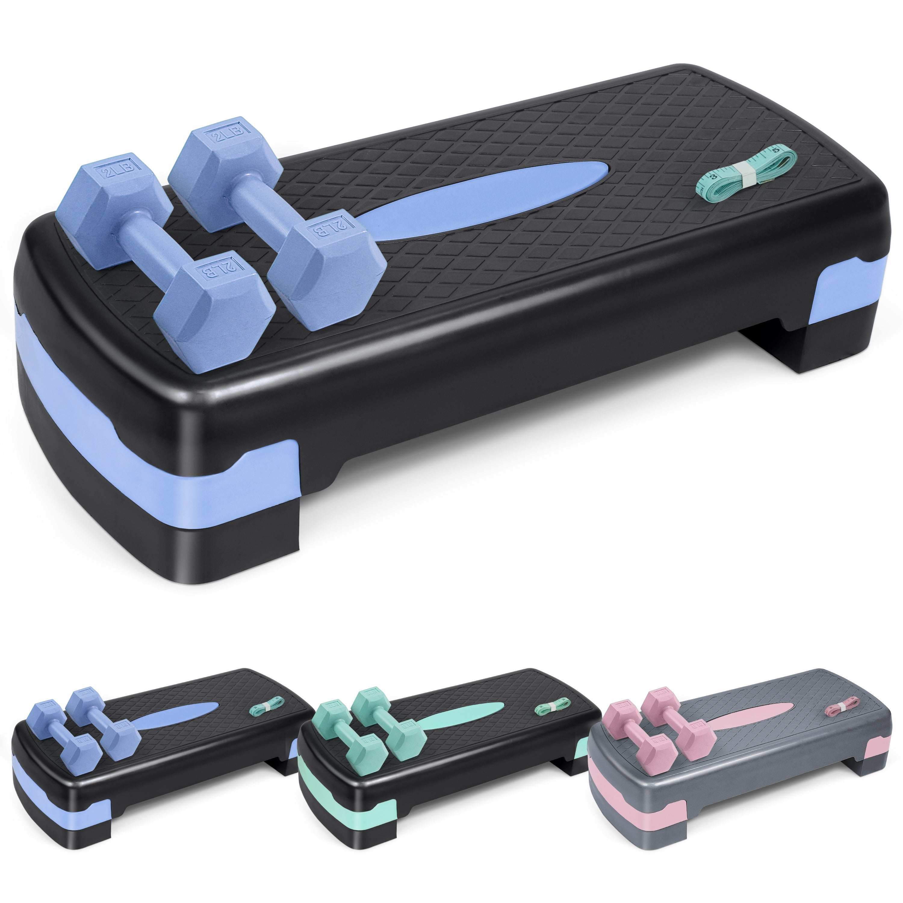 Aerobic Step Platform with Dumbbells Measuring Tape Adjustable Height 2 Level Risers Non-Slip Exercise Stepper Home Gym Workout 550LB Capacity Pink Green Blue