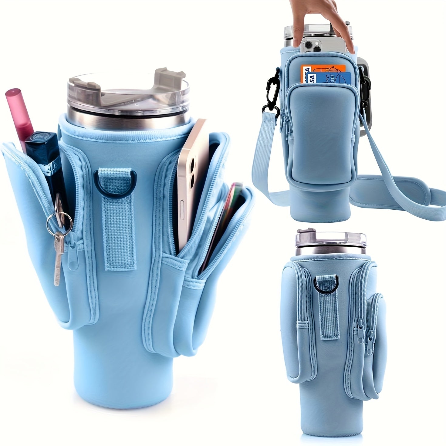 Neoprene Water Bottle Carrier Bag with Phone Pocket for 40oz 30oz Tumbler, 3-Pocket Water Bottle Holder Pouch for Hiking Gym Travel, Fits Stanley Cup Accessories, Father's Day Gift
