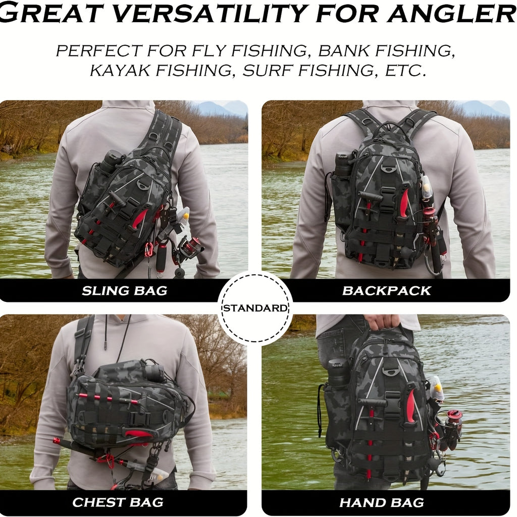 Tackle Sling Bag with Rod Holder for Men & Women – Fishing Backpack Daypack, Multi-Pocket Fly Fishing Bag, Camouflage Khaki Black, Standard & Large, Best Fishing Gift for Dad