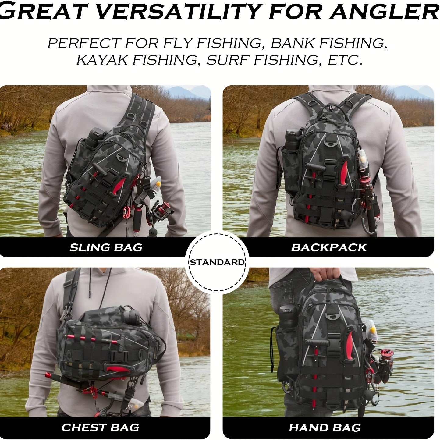 Tackle Sling Bag with Rod Holder for Men & Women – Fishing Backpack Daypack, Multi-Pocket Fly Fishing Bag, Camouflage Khaki Black, Standard & Large, Best Fishing Gift for Dad