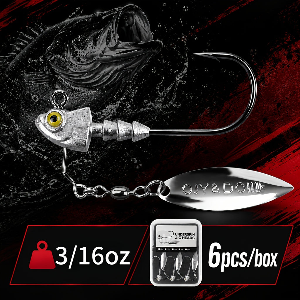 Underspin Jig Heads 6-Pack 100% Brass Blade Never Rust Bass Walleye Saltwater Fishing Lure 3/16oz 1/4oz 3/8oz 1/2oz Silver Swimbait Jig Head Set