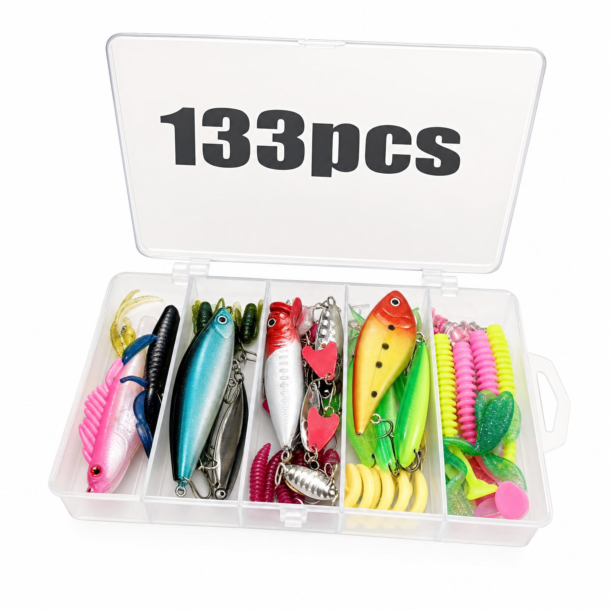 133-Piece Fishing Kit – Spinner Baits Wobblers Lead Jigs Sinkers Hooks & Storage Box Complete Freshwater Beginner Tackle Set for Bass Trout Carp