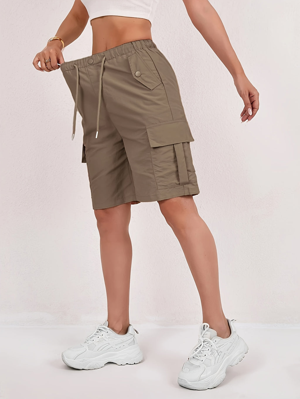Women's Cargo Shorts 2-Pack - Lightweight Straight-Leg Mid-Thigh Bermuda Shorts with Multiple Pockets & Adjustable Drawstring Waist, Machine Washable Casual Outdoor Shorts S-XXL