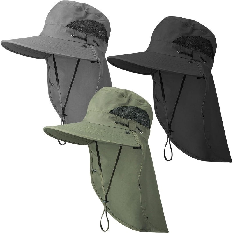 UPF 50+ Sun Hat with Neck Flap 3Pcs – Wide Brim Breathable Bucket Hat UV Protection for Men Women Fishing Hiking Camping Outdoor, Black Dark Gray Army Green