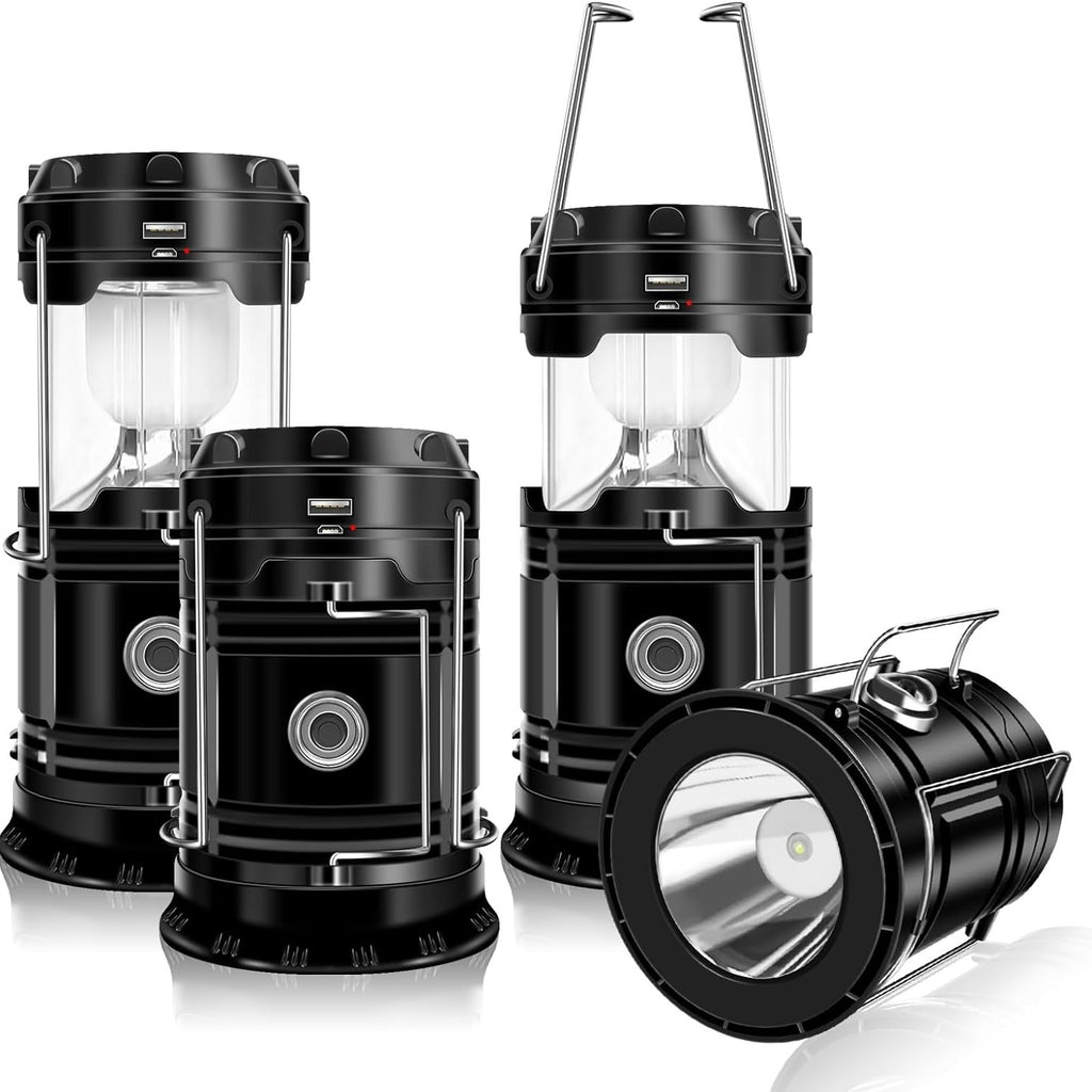 4-Pack Solar Camping Lantern LED Collapsible Rechargeable Flashlight – IPX4 Waterproof Emergency Hanging Light for Camping, Hurricane, Power Outage & Survival Kit, Indoor Outdoor