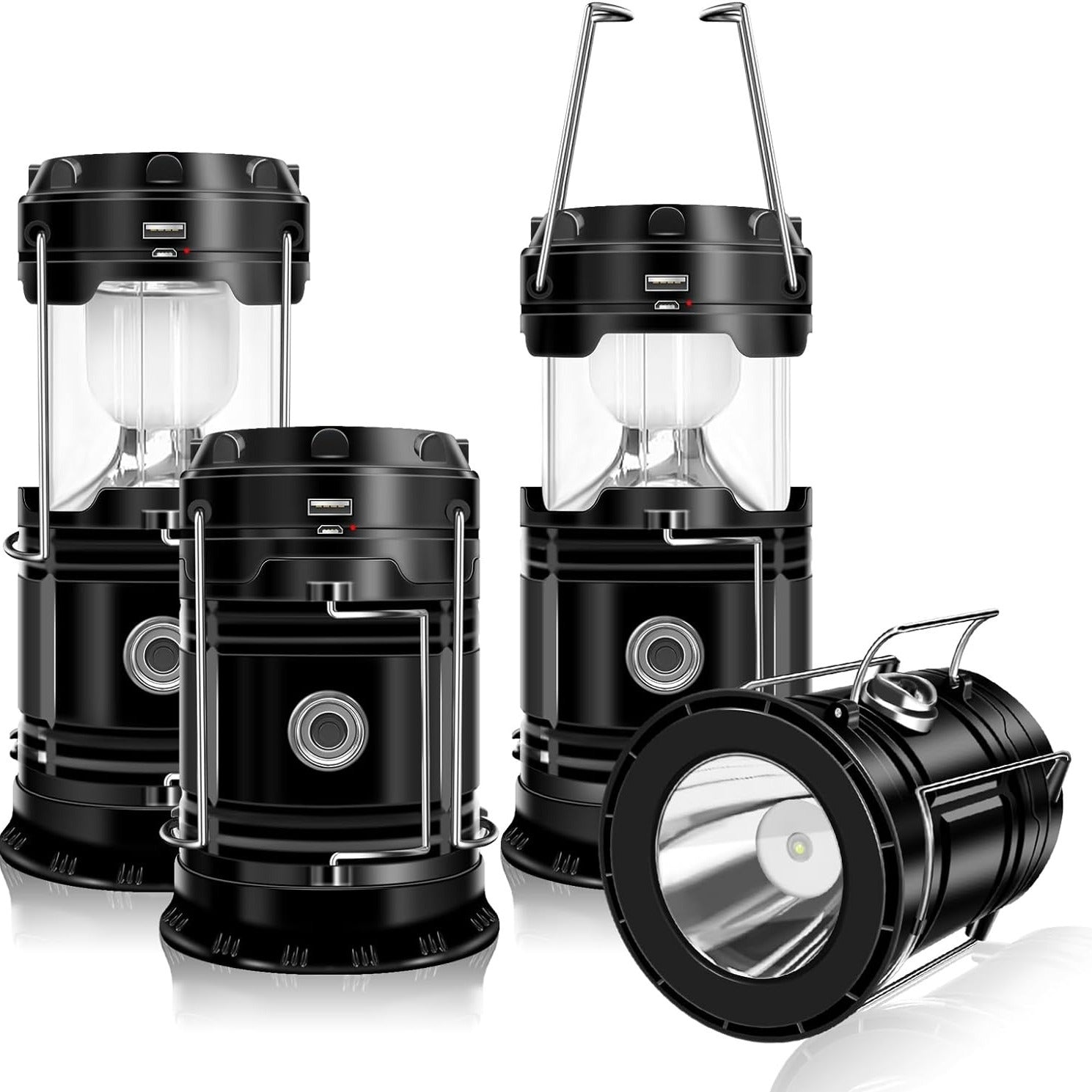 4-Pack Solar Camping Lantern LED Collapsible Rechargeable Flashlight – IPX4 Waterproof Emergency Hanging Light for Camping, Hurricane, Power Outage & Survival Kit, Indoor Outdoor
