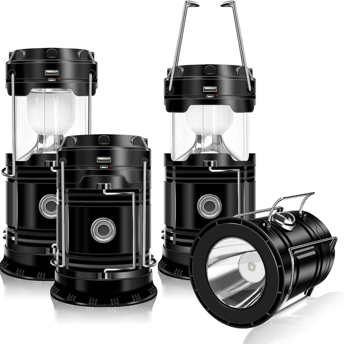 4-Pack Solar Camping Lantern LED Collapsible Rechargeable Flashlight – IPX4 Waterproof Emergency Hanging Light for Camping, Hurricane, Power Outage & Survival Kit, Indoor Outdoor