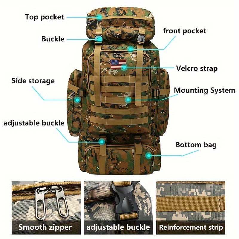 Tactical Hiking Backpack 80L Large Capacity – 3-Day Assault Pack, Molle System, Oxford Fabric, Unisex for Hiking, Camping, Hunting & Travel | Black, Camo, Desert, Gray, Khaki, Green