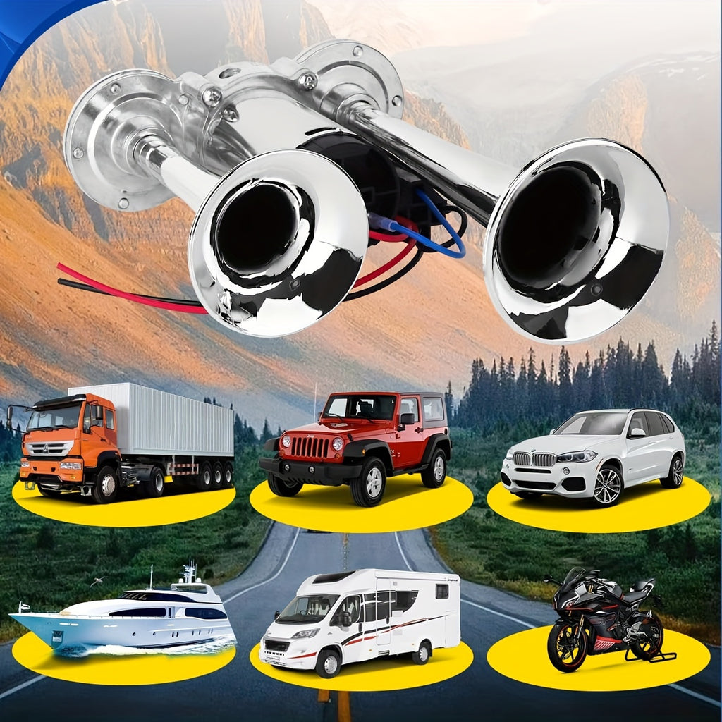 Air Horn Kit 12V 24V Ultra Loud 105-137dB Dual Trumpet Horn with Air Compressor for Truck SUV Motorcycle Boat Train Car Pickup Aluminum Alloy Universal